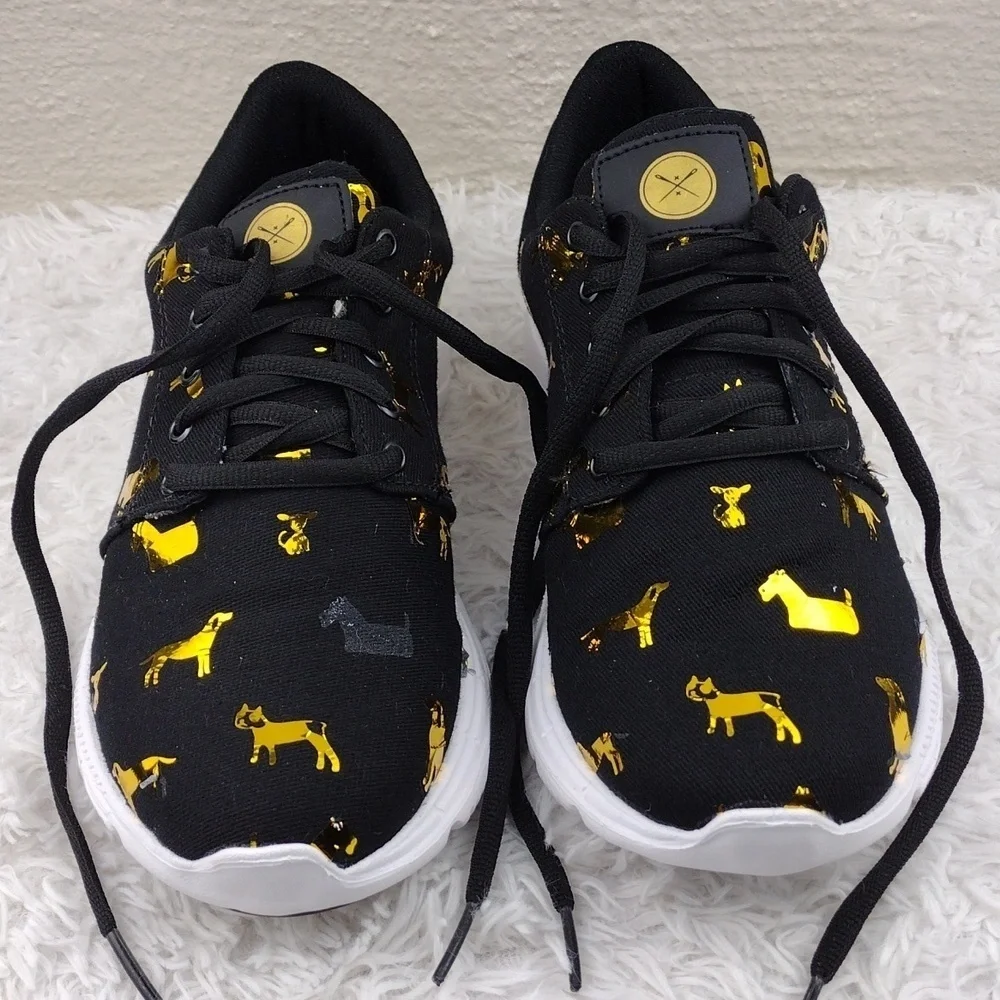 Inkkas FlexAires Black Gold Puppy  DesignCanvas Round Toe Lace Up Sneaker Shoe